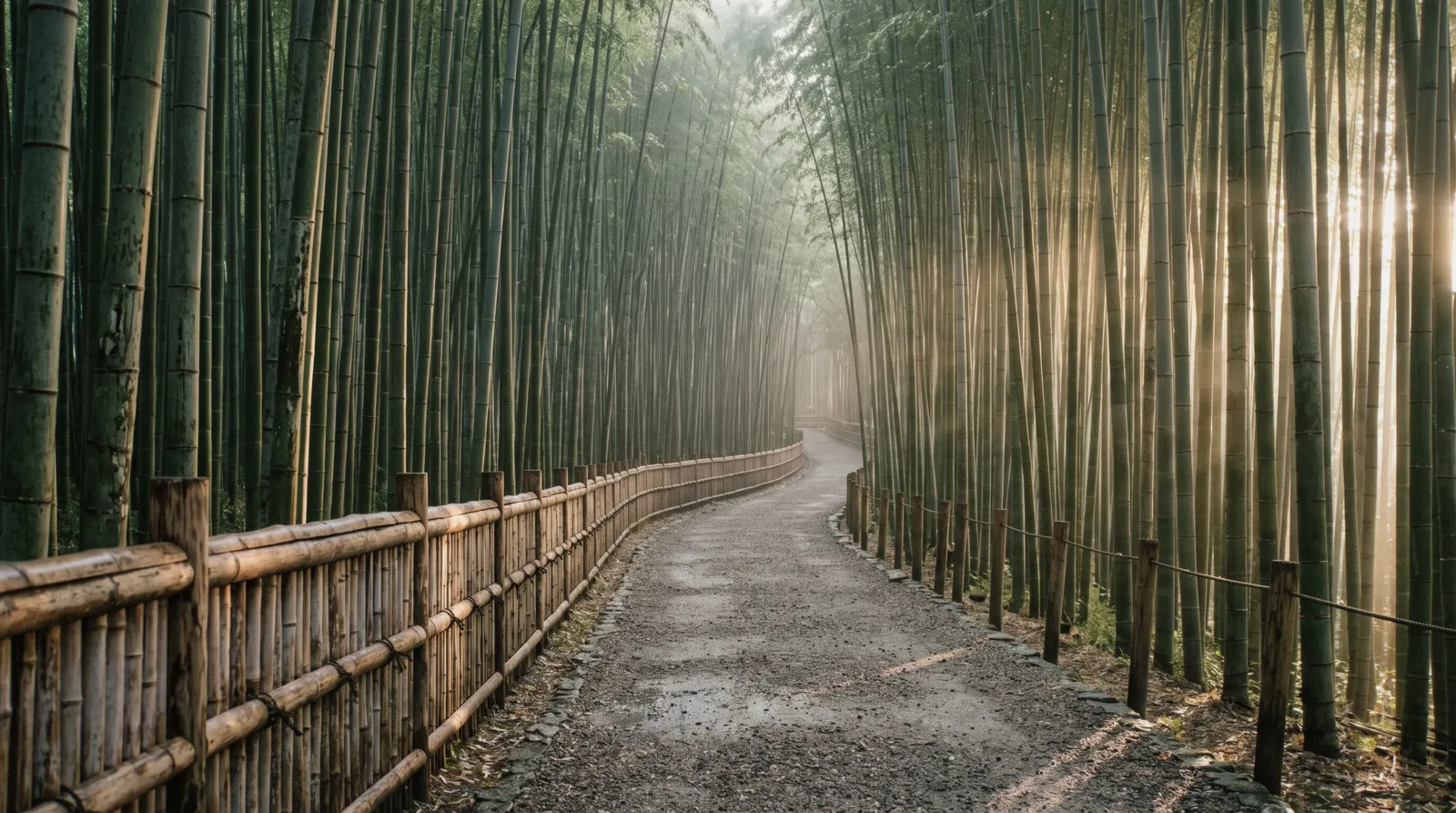 The Sagano bamboo path at Arashiyama at 06:50 with nobody on it, Kyoto