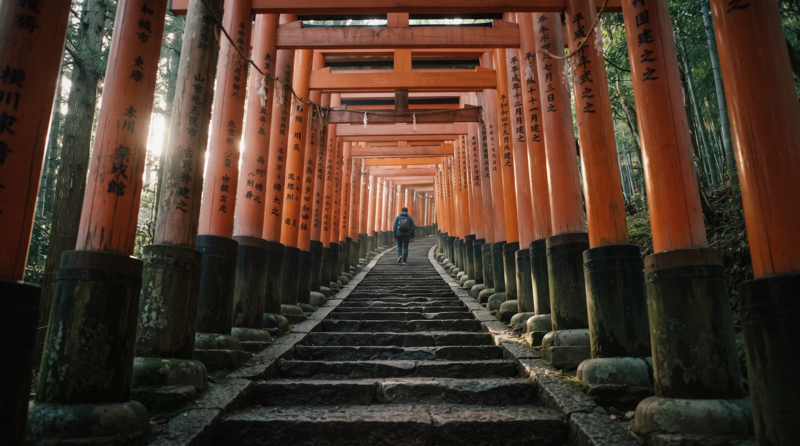 Low sun crossing the vermilion torii tunnel on the climb at Fushimi Inari, Kyoto